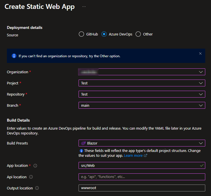 Azure Portal Create Static Web App