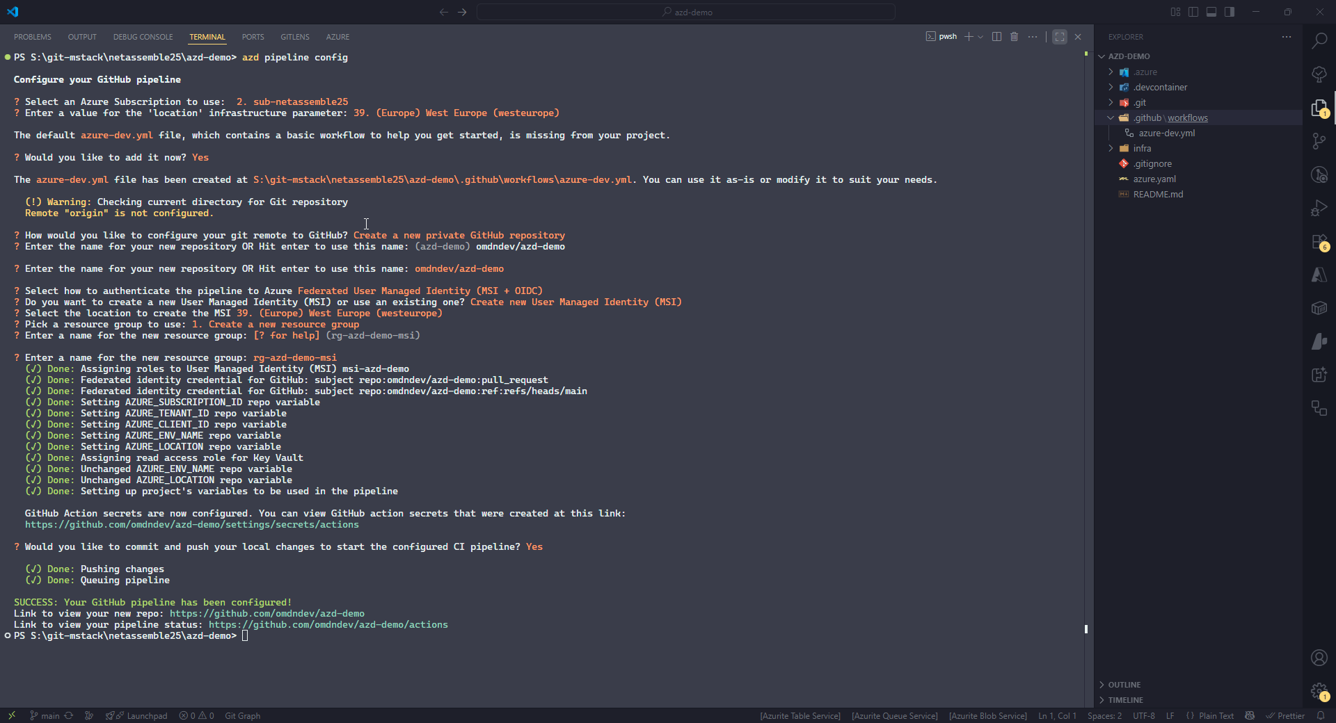 azd pipeline config wizard